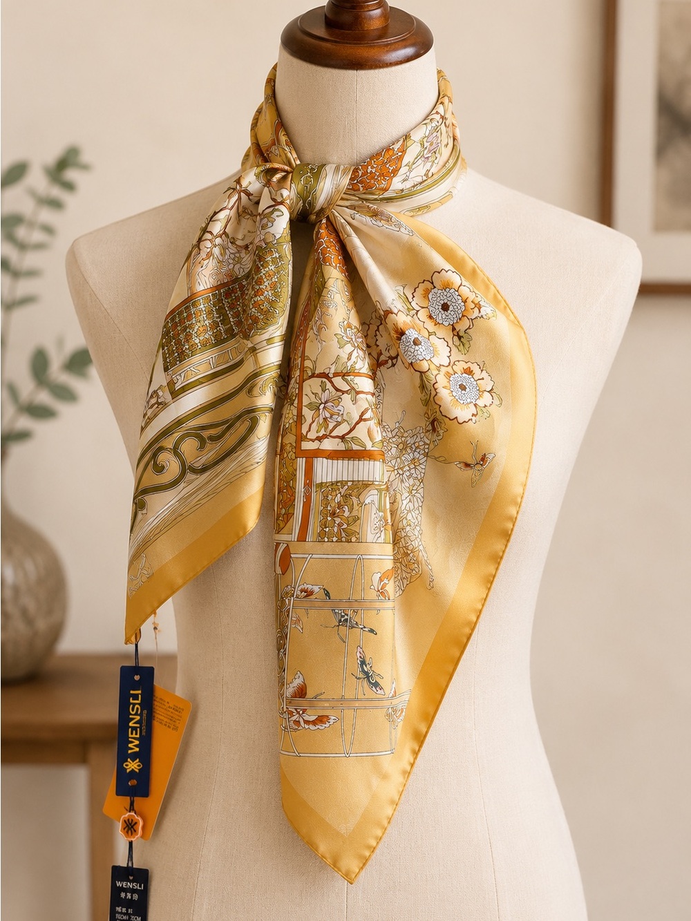 Golden Floral Silk Scarf - Yellow
